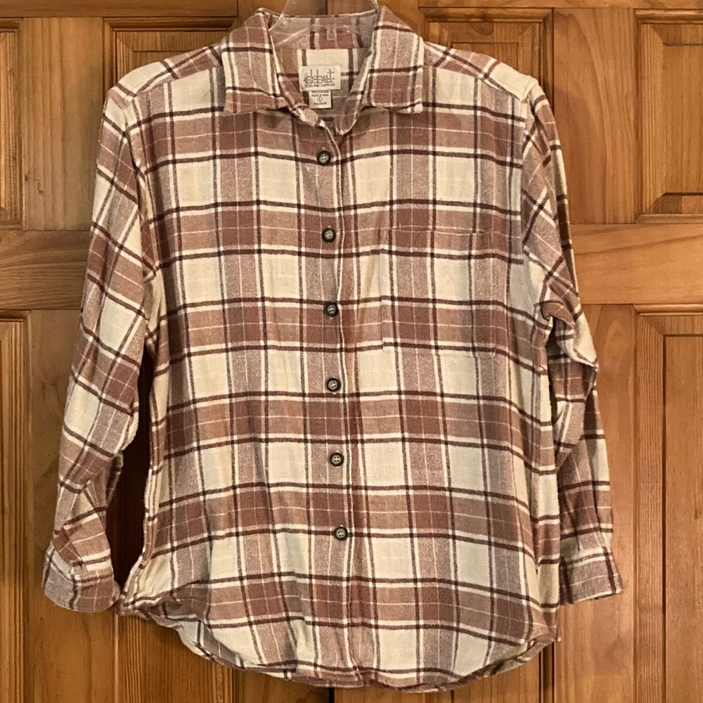 EUC Debut Vintage 90s Flannel Shirt Top Long Sleeve Plaid Brown Cream L Large